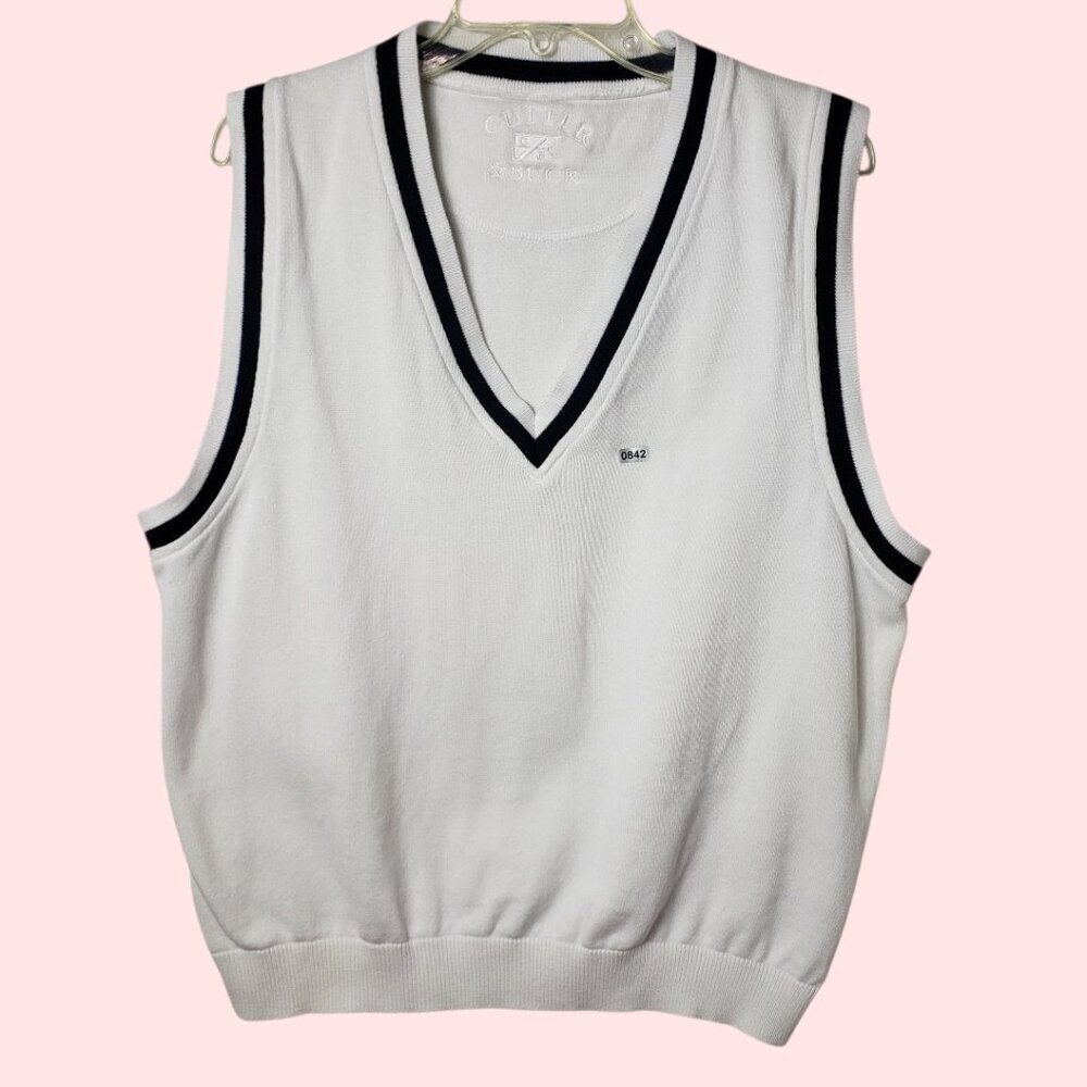 Cutter & Buck V-Neck Sweater Vest With Trim Mens M 100% Cotton Blk/ Wht Medium